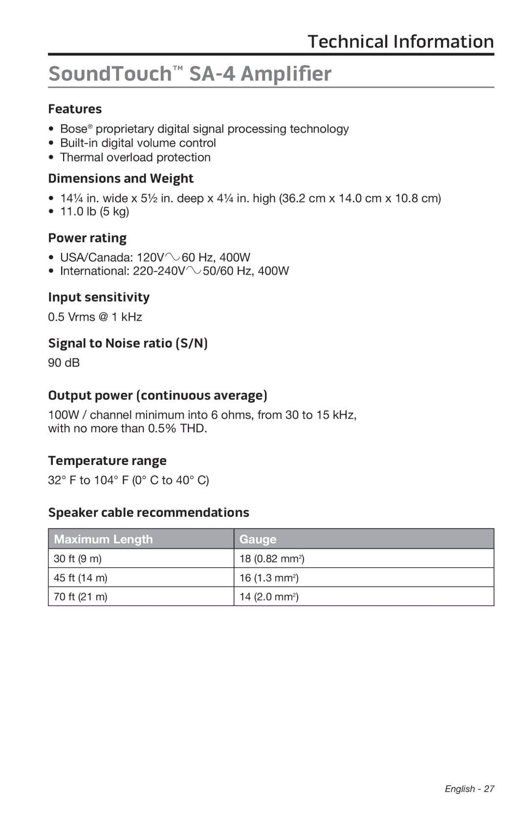 Bose manual SoundTouch SA-4 Amplifier, Features 