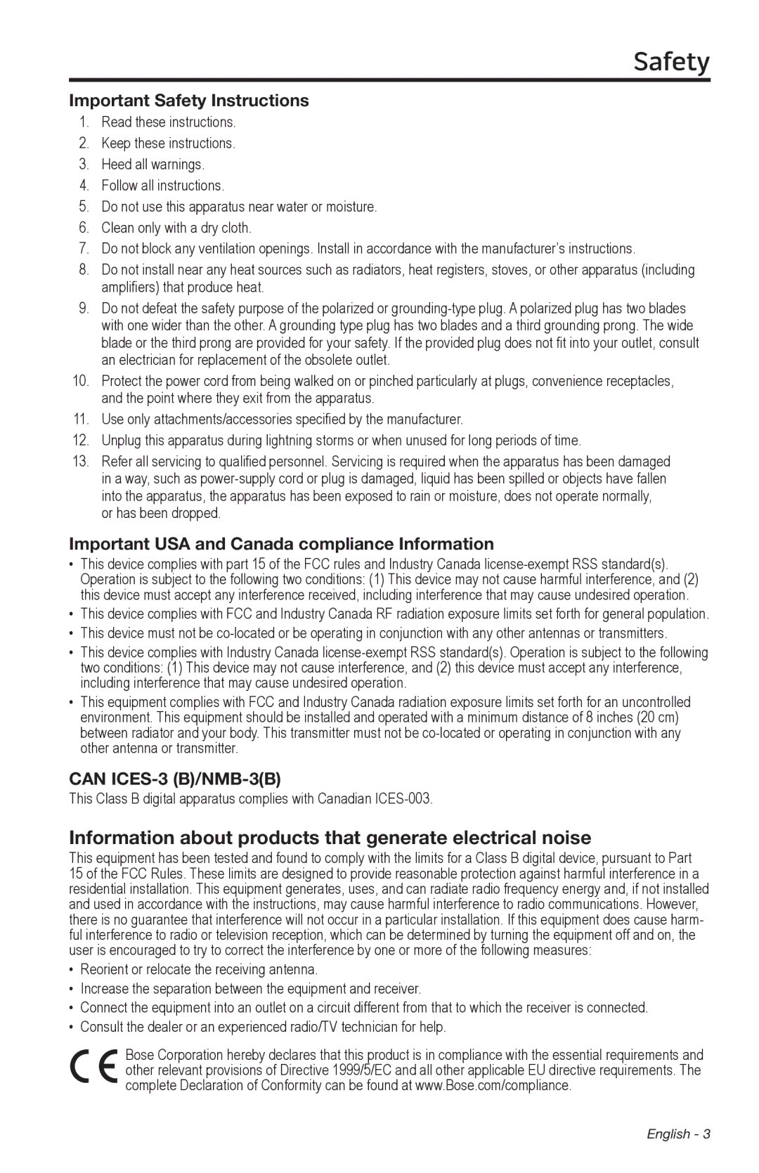 Bose SA-4 manual Information about products that generate electrical noise 