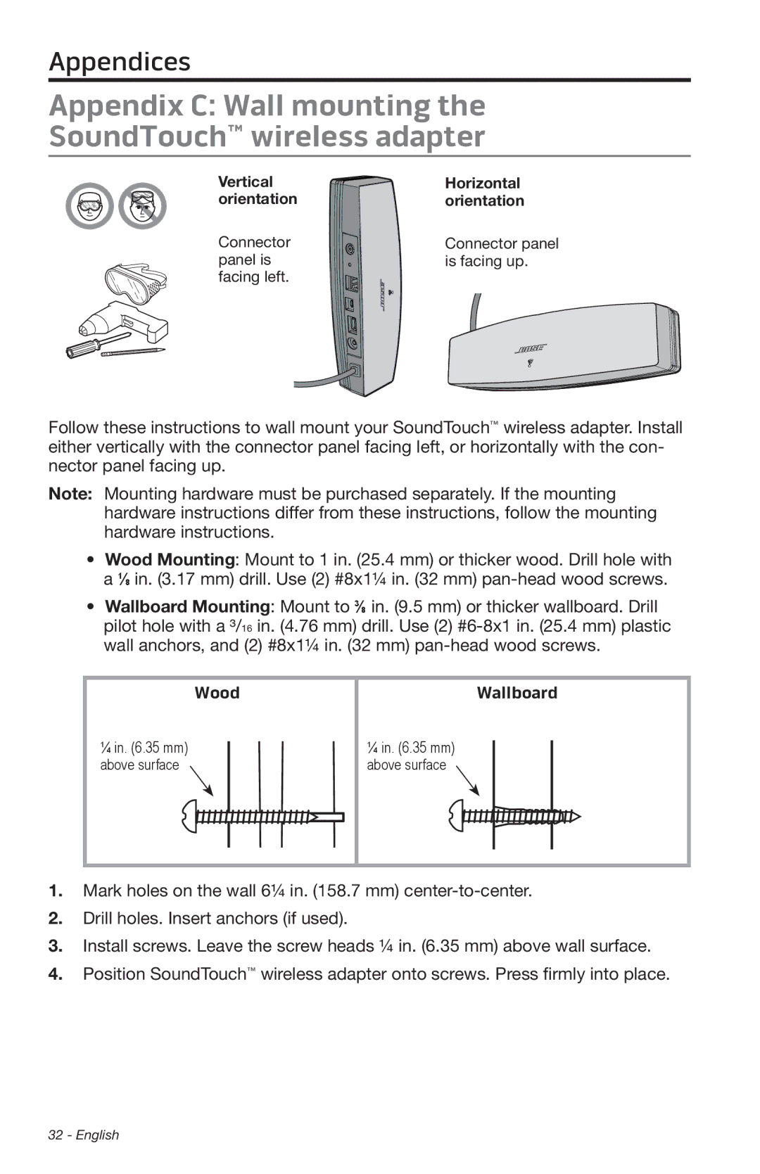 Bose SA-4 manual Appendix C Wall mounting SoundTouch wireless adapter, Wallboard 