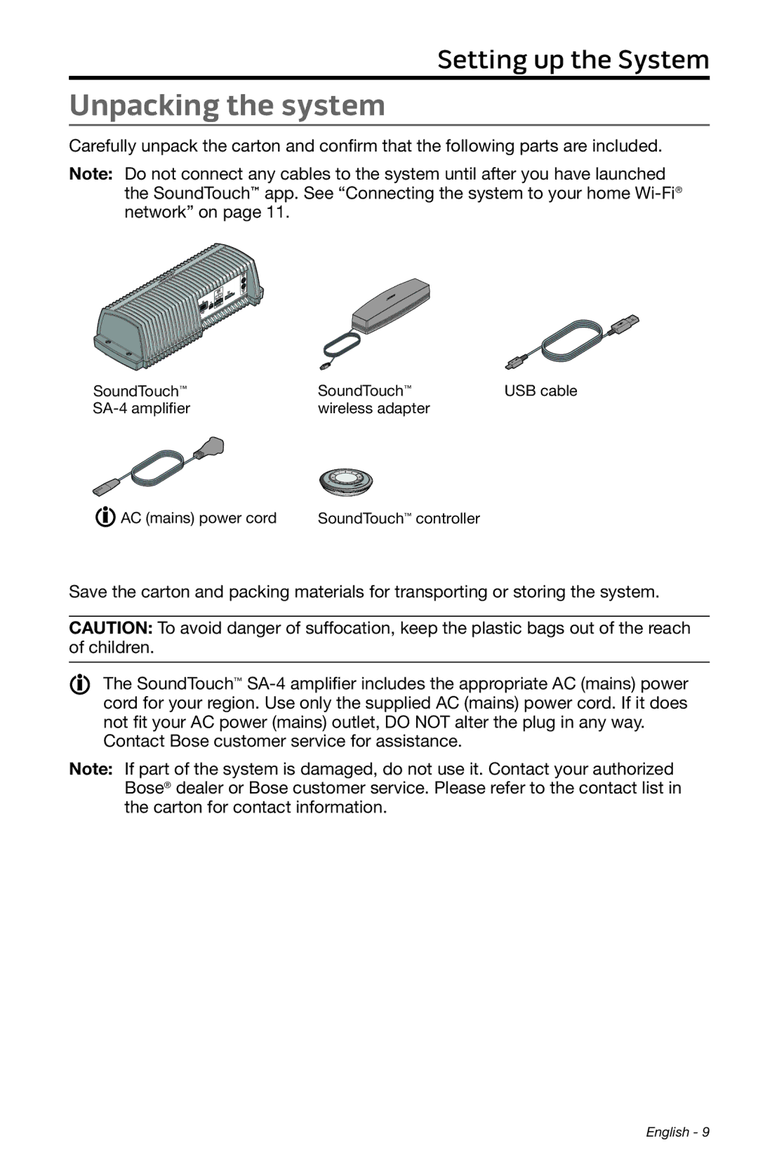 Bose SA-4 manual Unpacking the system 