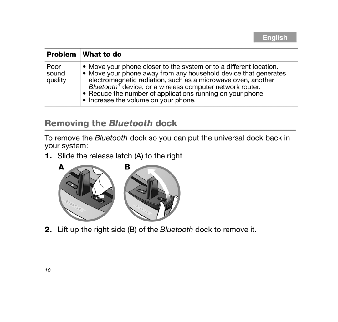 Bose SDOCK10BT, 10BLUETOOTHDOCK manual Removing the Bluetooth dock 