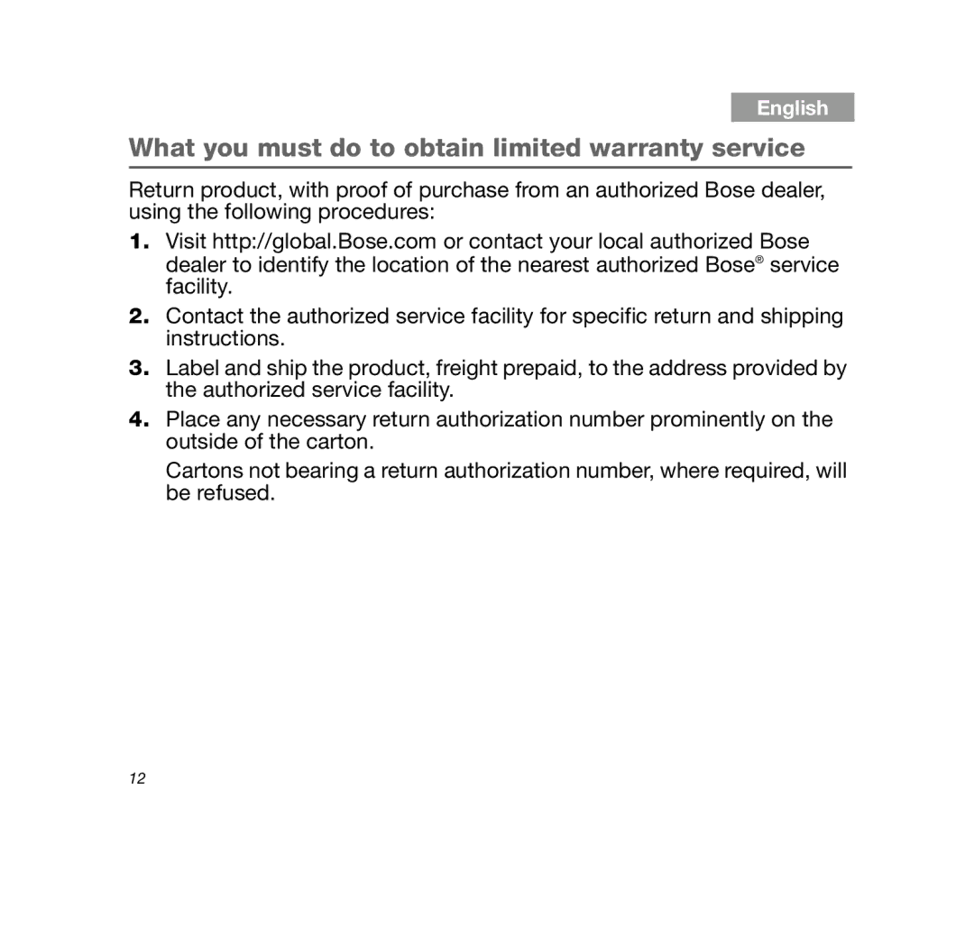 Bose SDOCK10BT, 10BLUETOOTHDOCK manual What you must do to obtain limited warranty service 