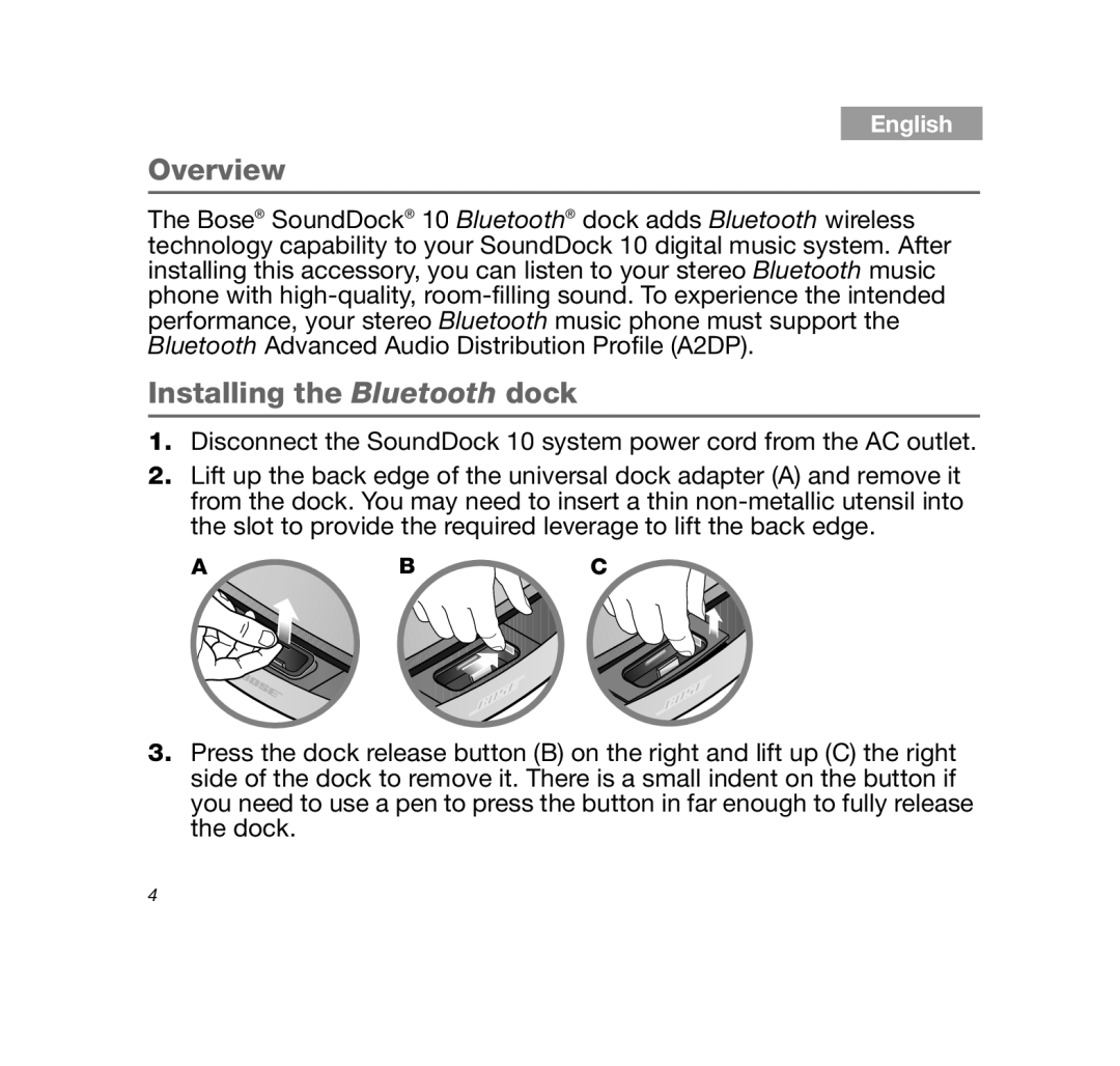 Bose SDOCK10BT, 10BLUETOOTHDOCK manual Overview, Installing the Bluetooth dock 