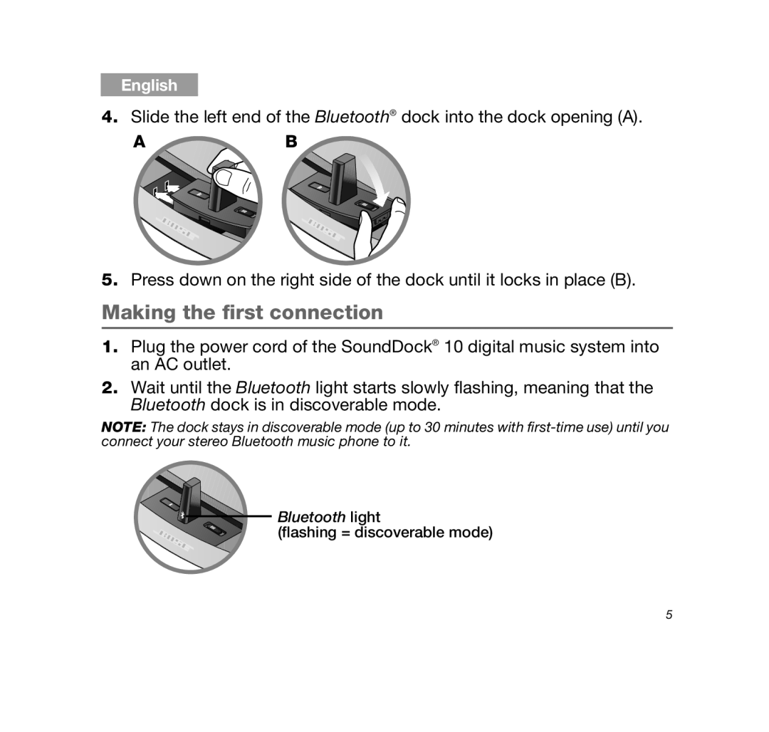 Bose 10BLUETOOTHDOCK, SDOCK10BT manual Making the first connection 