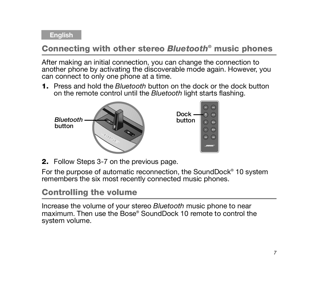 Bose SDOCK10BT, 10BLUETOOTHDOCK manual Connecting with other stereo Bluetooth music phones, Controlling the volume 