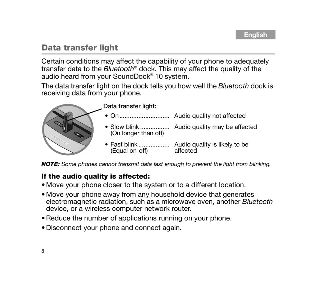 Bose 10BLUETOOTHDOCK, SDOCK10BT manual Data transfer light, If the audio quality is affected 