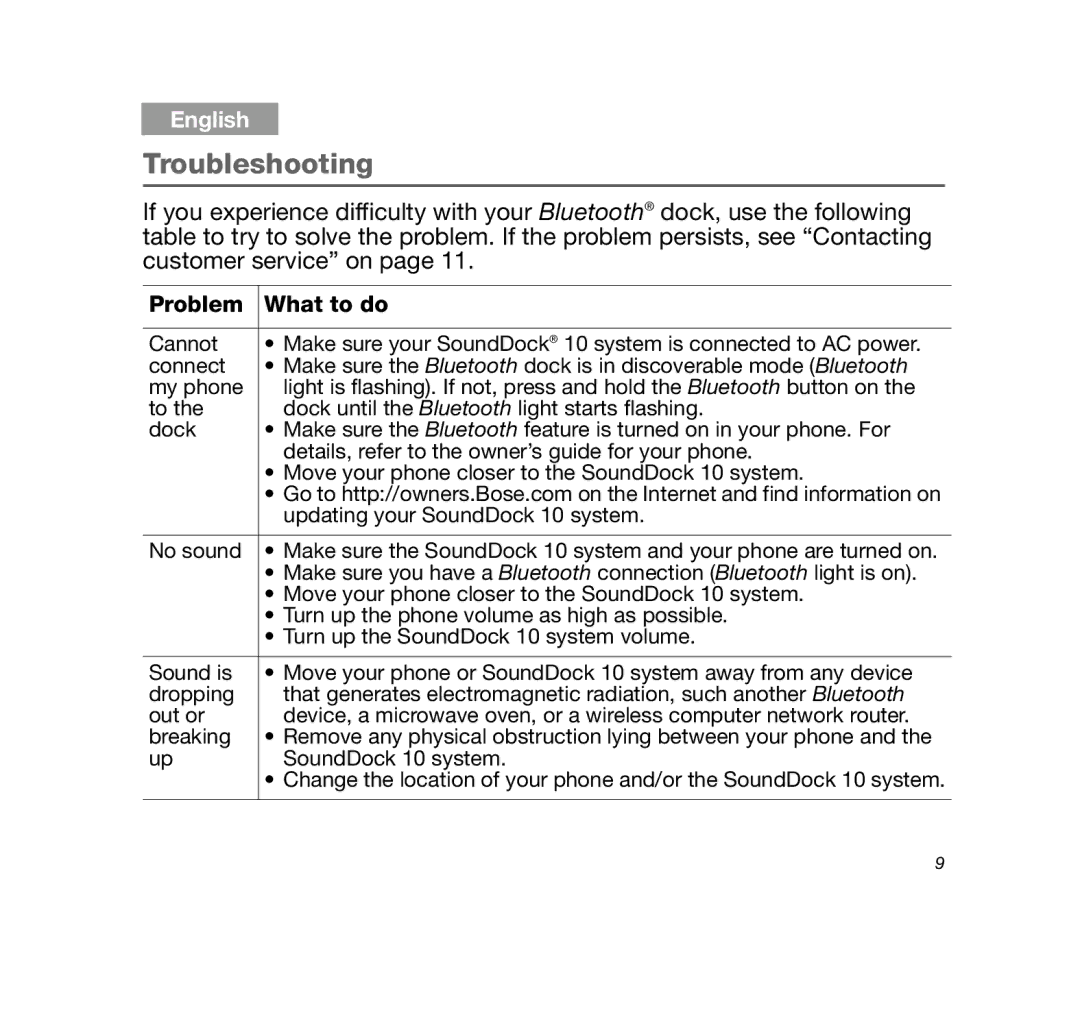Bose SDOCK10BT, 10BLUETOOTHDOCK manual Troubleshooting, Problem What to do 