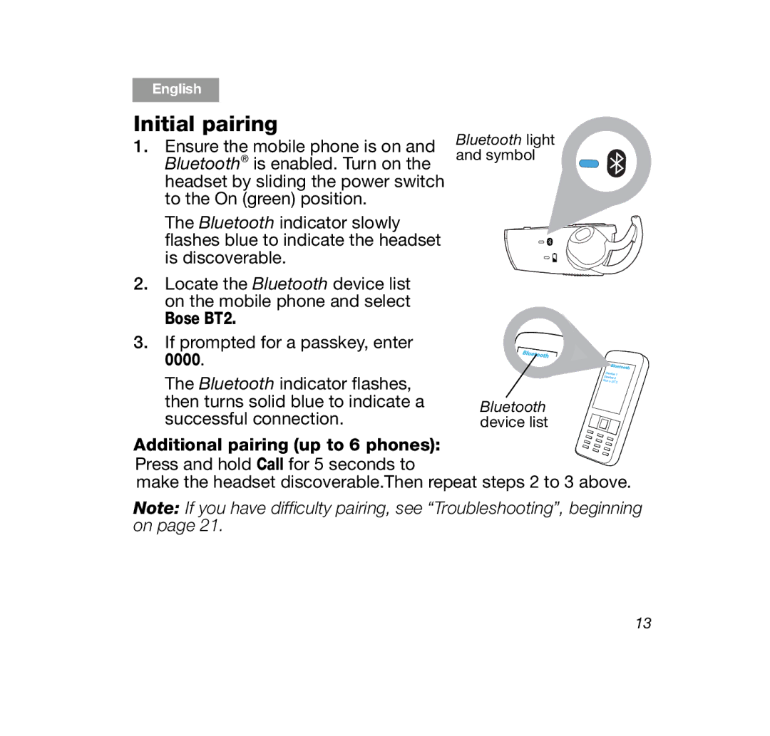 Bose CINEMATE1SR, SERIES 2, AM347801, BT HDST 2R BLK manual Initial pairing, Bose BT2, Additional pairing up to 6 phones 