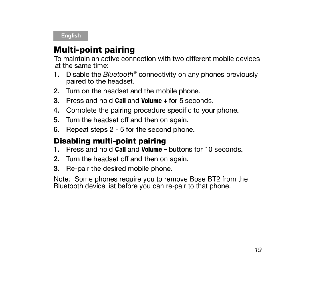 Bose CINEMATE1SR, SERIES 2, AM347801, BT HDST 2R BLK manual Multi-point pairing, Disabling multi-point pairing 