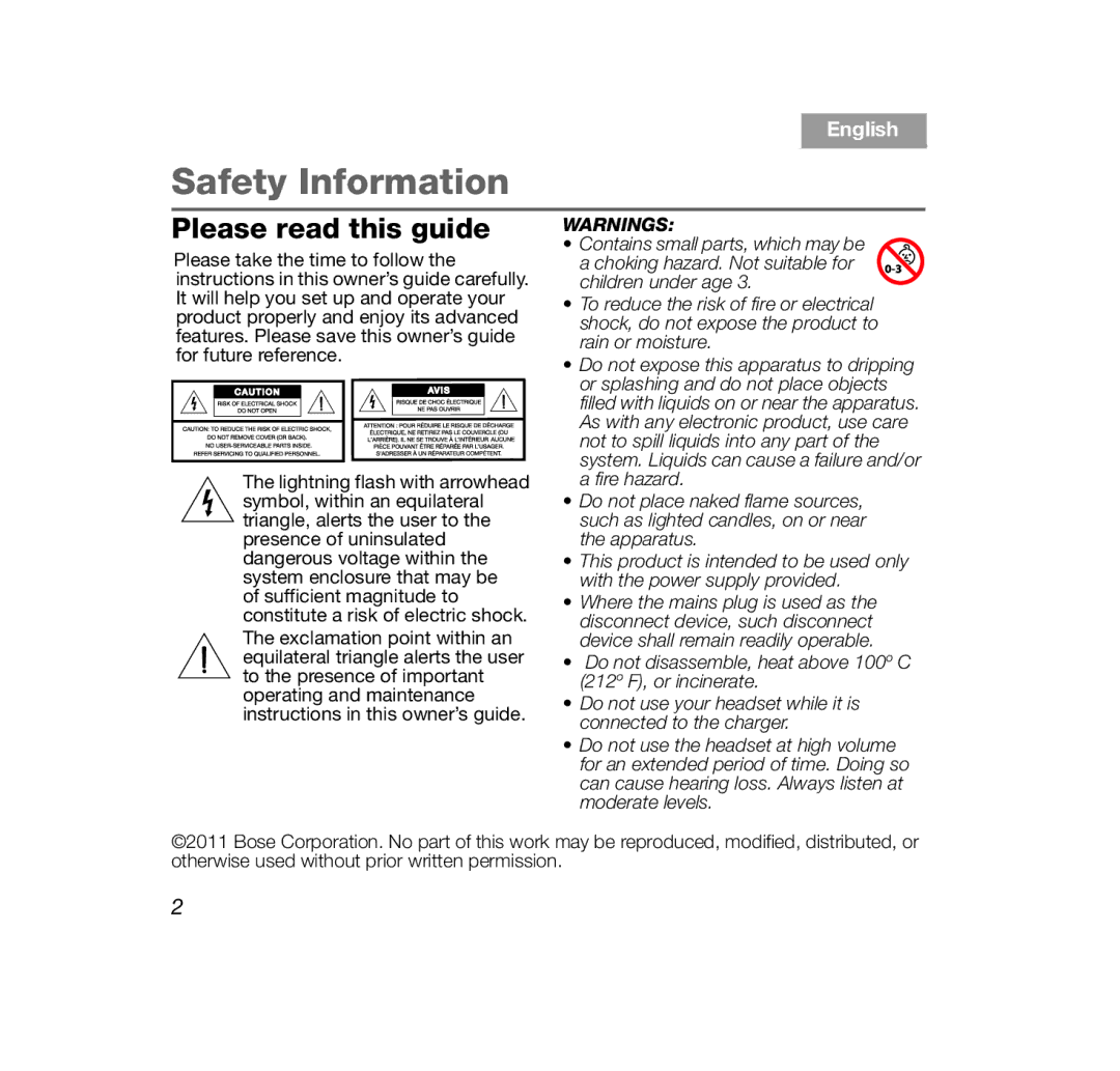 Bose AM347801, SERIES 2, CINEMATE1SR, BT HDST 2R BLK, Bluetooth Headset Series II Safety Information, Please read this guide 