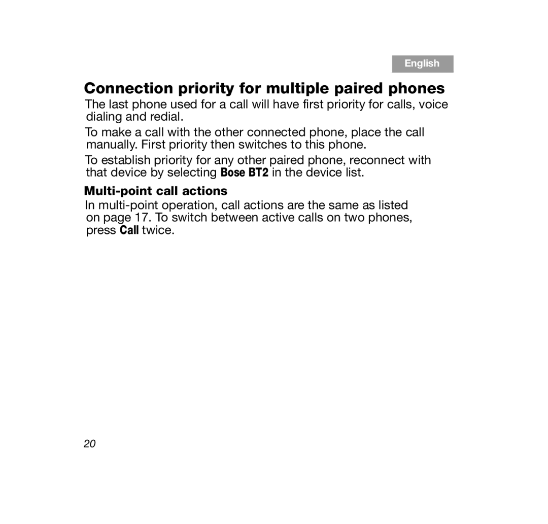 Bose AM347801, SERIES 2, CINEMATE1SR manual Connection priority for multiple paired phones, Multi-point call actions 