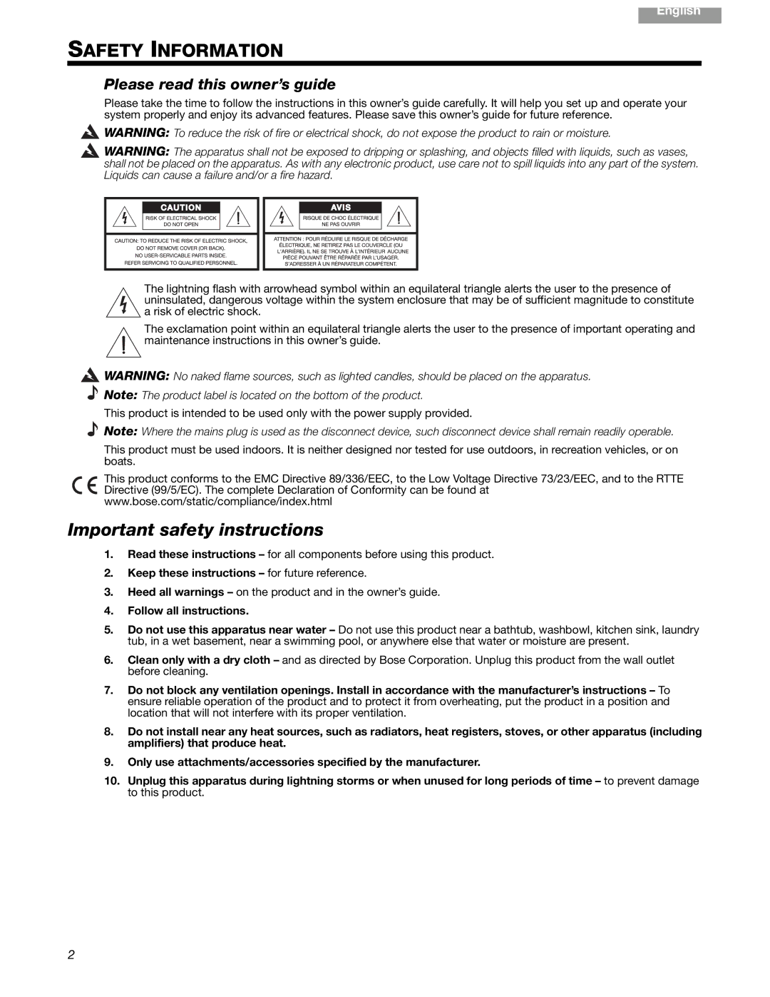 Bose SL2 manual Important safety instructions, Please read this owner’s guide 