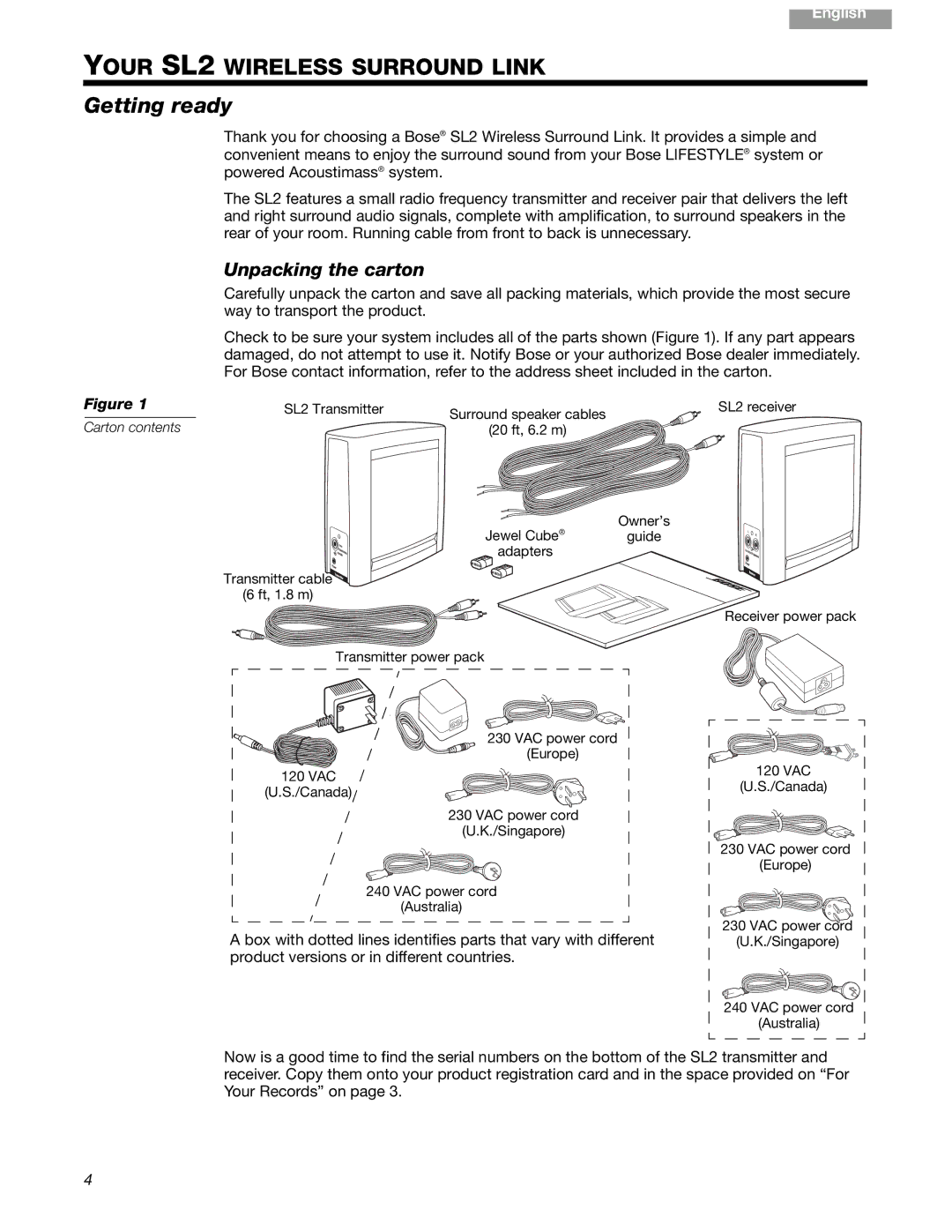 Bose SL2 manual Getting ready, Unpacking the carton 