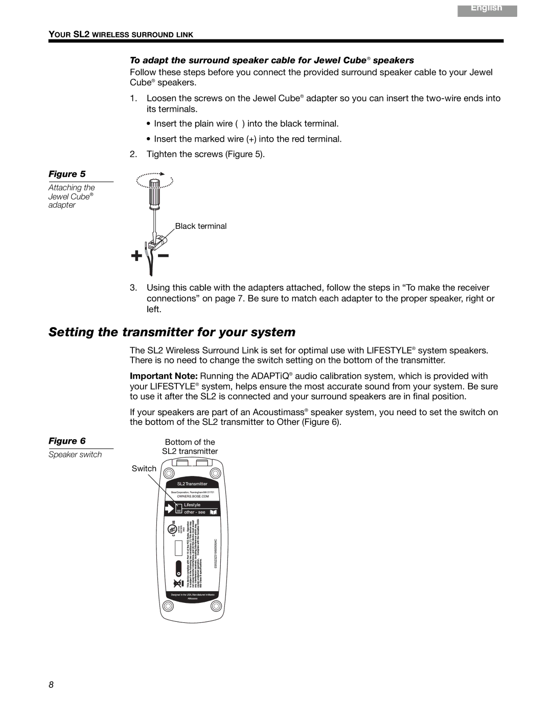 Bose SL2 manual Setting the transmitter for your system, To adapt the surround speaker cable for Jewel Cube speakers 