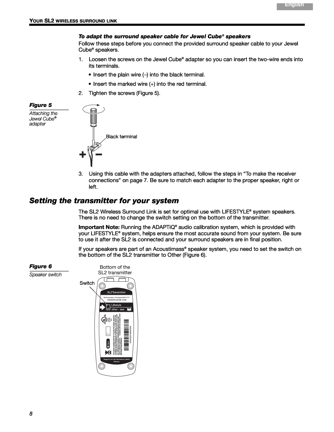 Bose SL2 manual Setting the transmitter for your system, Svenska, Nederlands, Italiano, Français, Español, Deutsch, Dansk 
