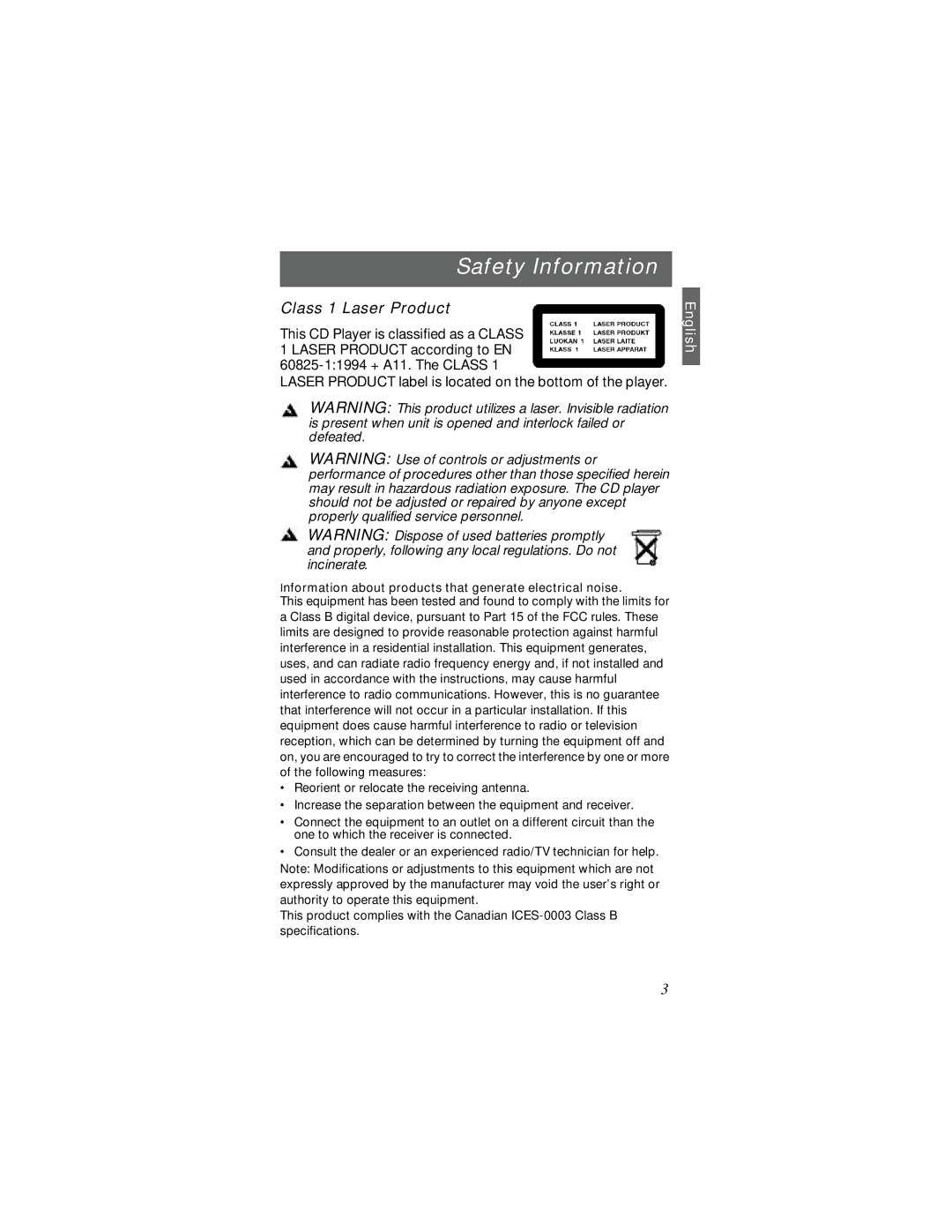 Bose SM1 manual Safety Information, Class 1 Laser Product 