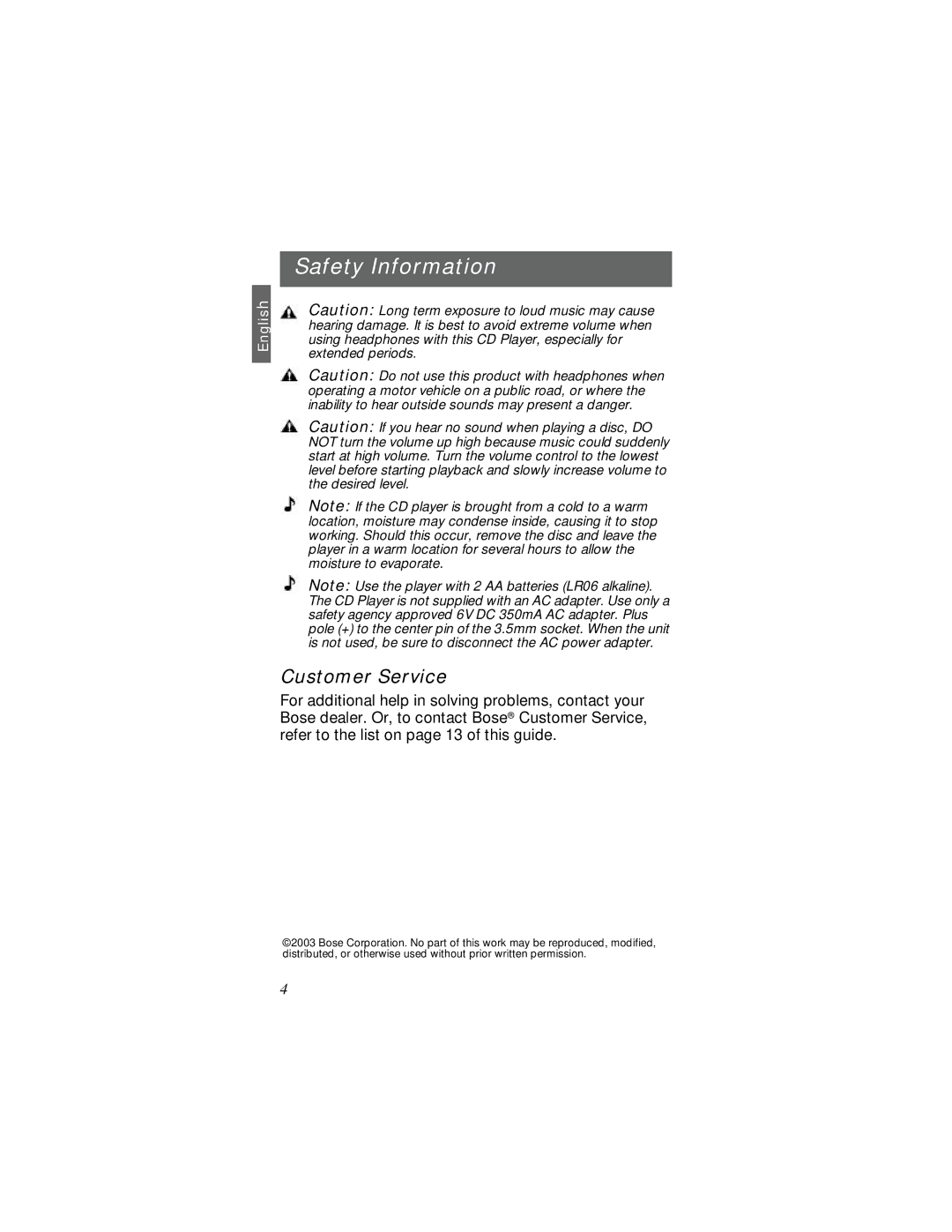 Bose SM1 manual Customer Service 