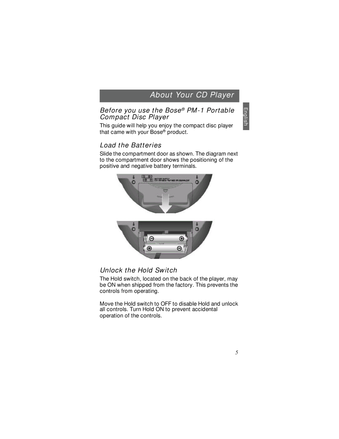 Bose SM1 manual About Your CD Player, Before you use the Bose PM-1 Portable Compact Disc Player, Load the Batteries 