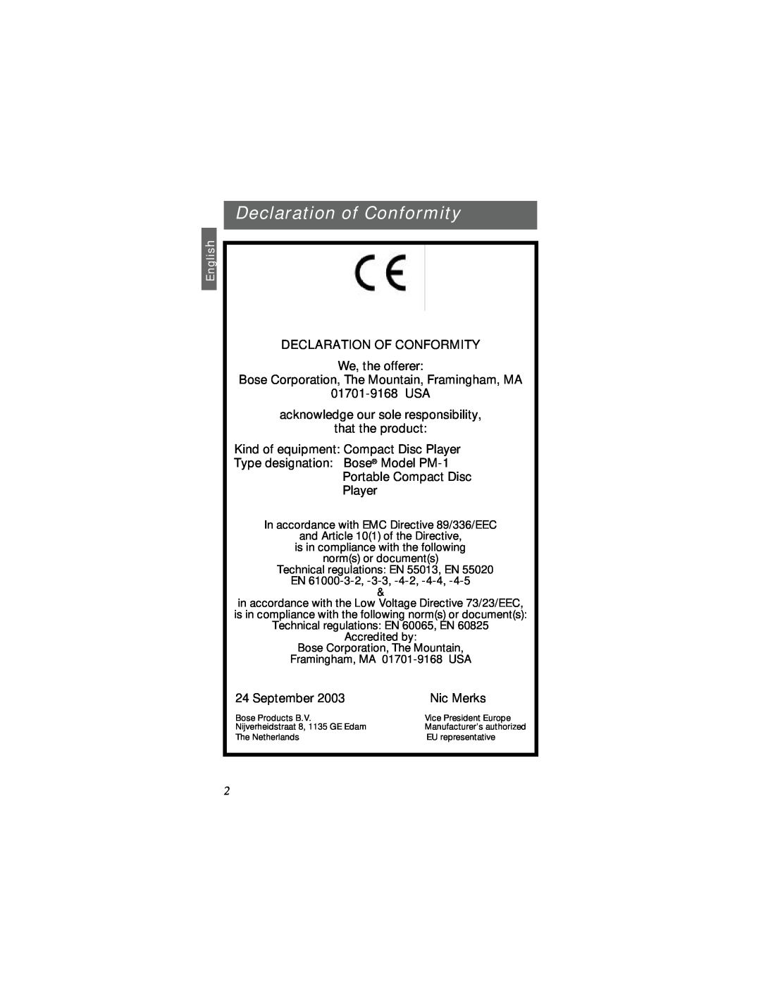 Bose SM1 manual Declaration of Conformity, Declaration Of Conformity, English, In accordance with EMC Directive 89/336/EEC 