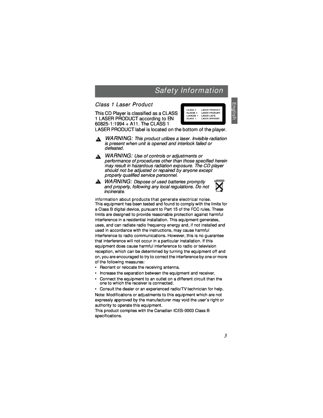 Bose SM1 manual Safety Information, Class 1 Laser Product, English 