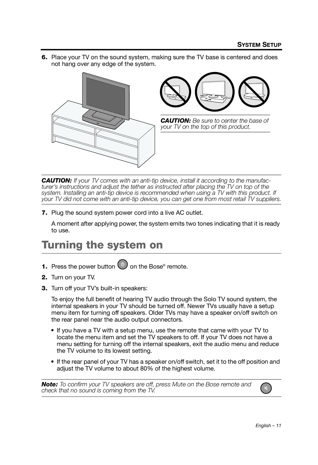 Bose 2, Solo, SOUNDDOCK PORTABLE B manual Turning the system on 