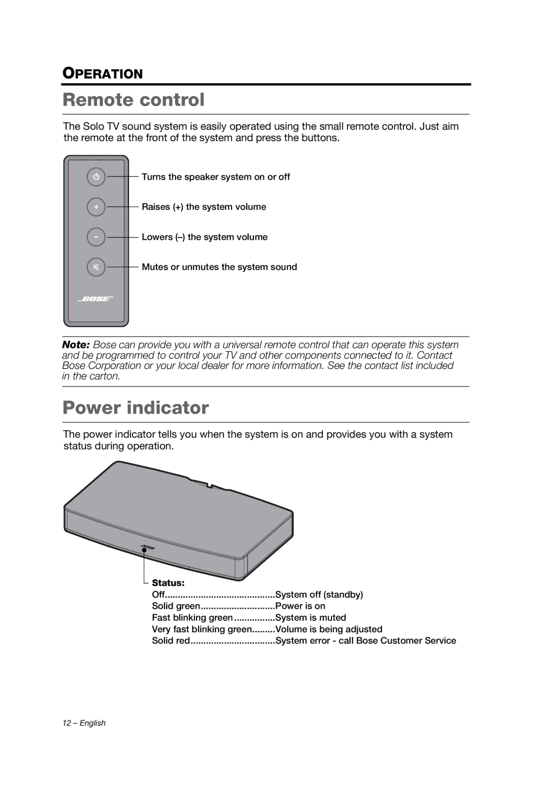 Bose Solo, SOUNDDOCK PORTABLE B, 2 manual Remote control, Power indicator 