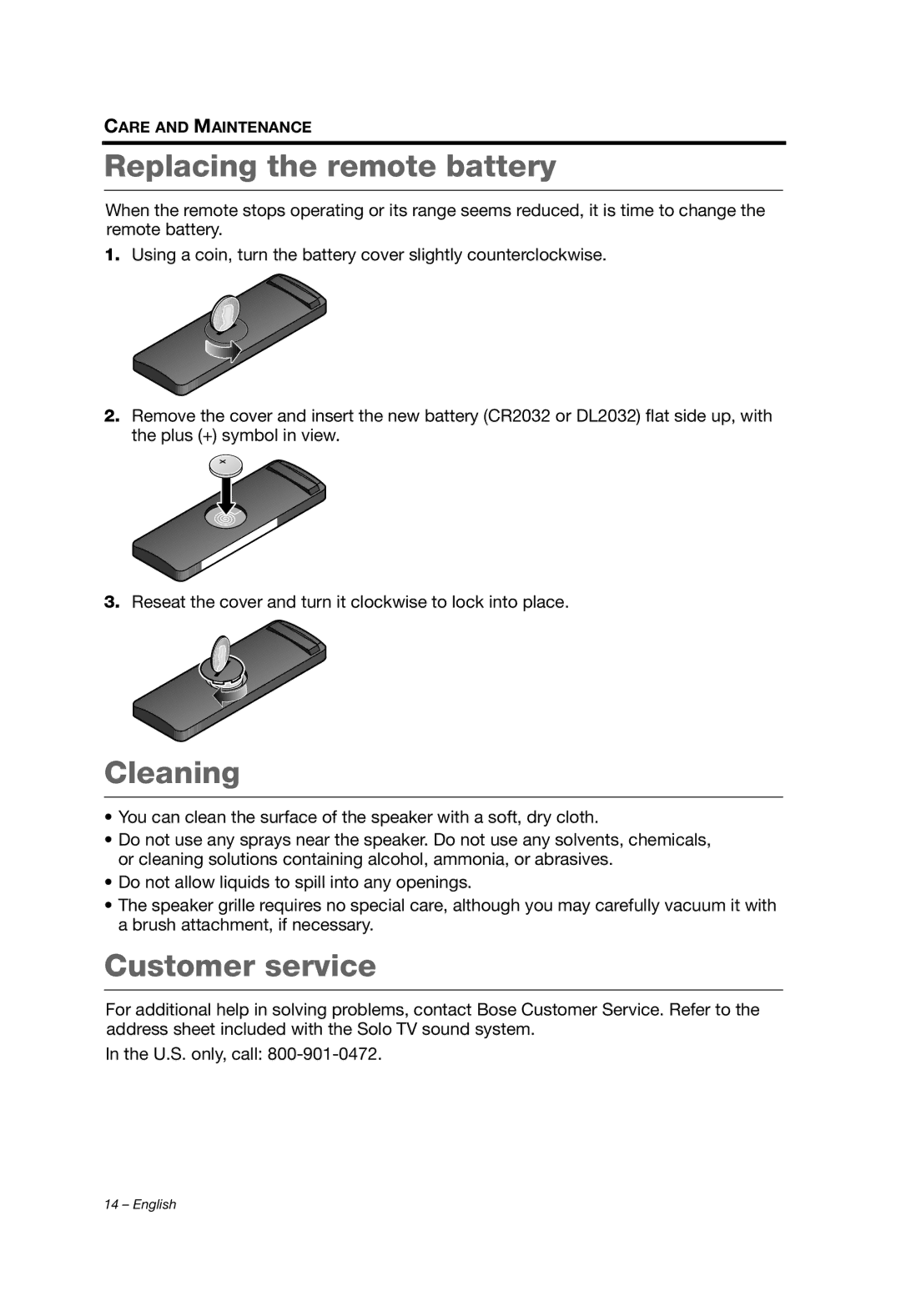 Bose 2, Solo, SOUNDDOCK PORTABLE B manual Replacing the remote battery, Cleaning, Customer service 