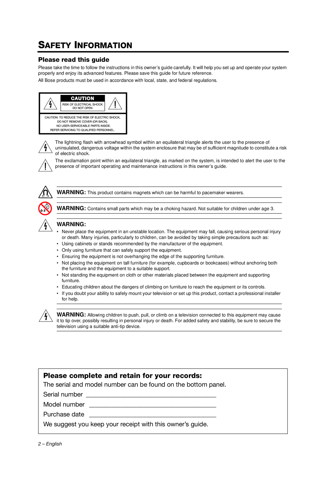 Bose 2, Solo, SOUNDDOCK PORTABLE B manual Safety Information 