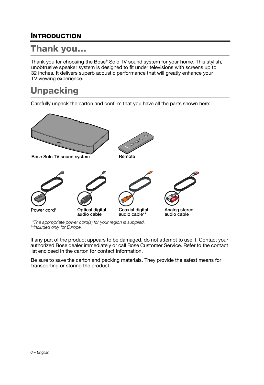 Bose Solo, SOUNDDOCK PORTABLE B, 2 manual Thank you…, Unpacking 