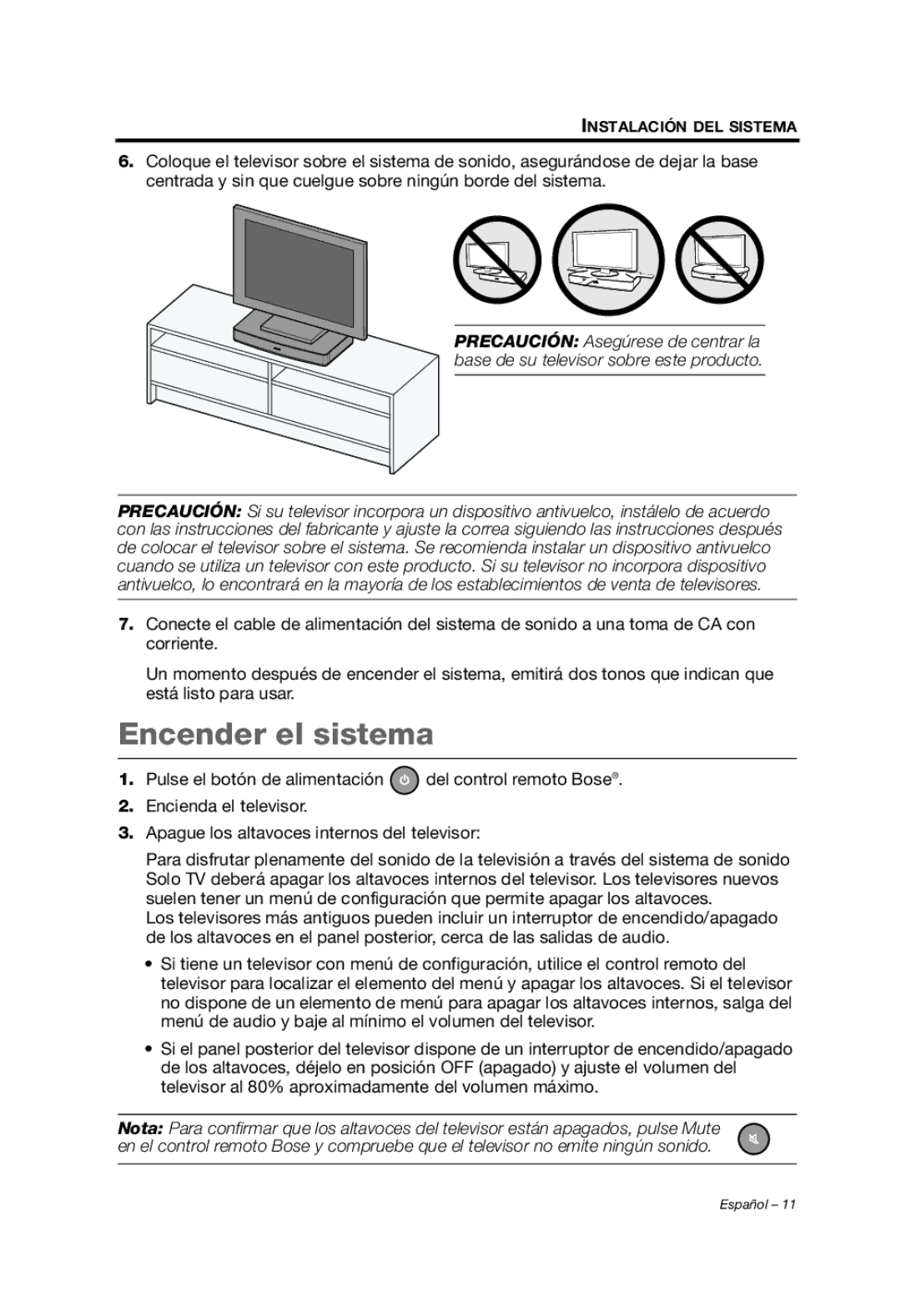 Bose solo tv sound system manual Encender el sistema 