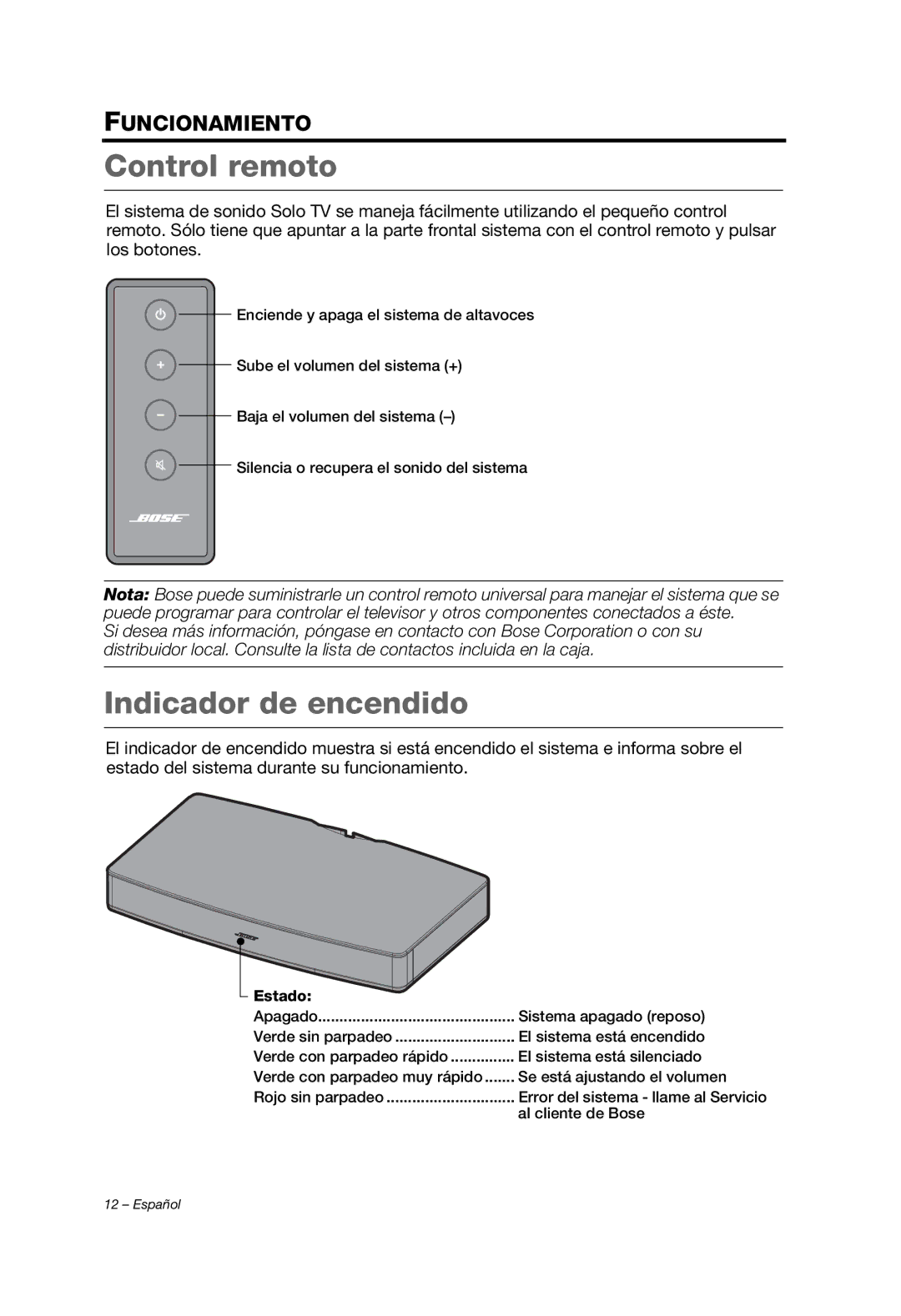 Bose solo tv sound system manual Control remoto, Indicador de encendido 