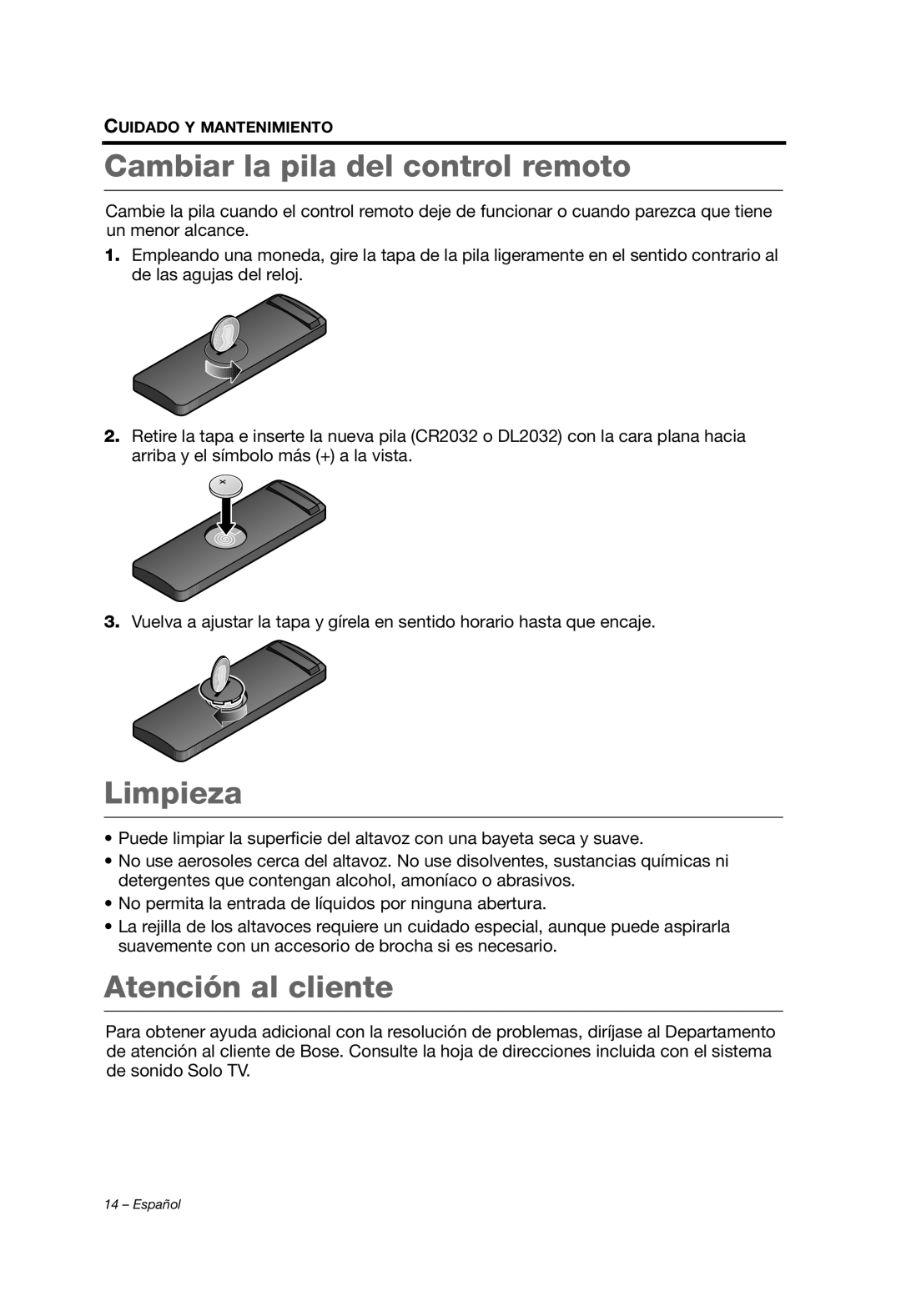 Bose solo tv sound system manual Cambiar la pila del control remoto, Limpieza, Atención al cliente 