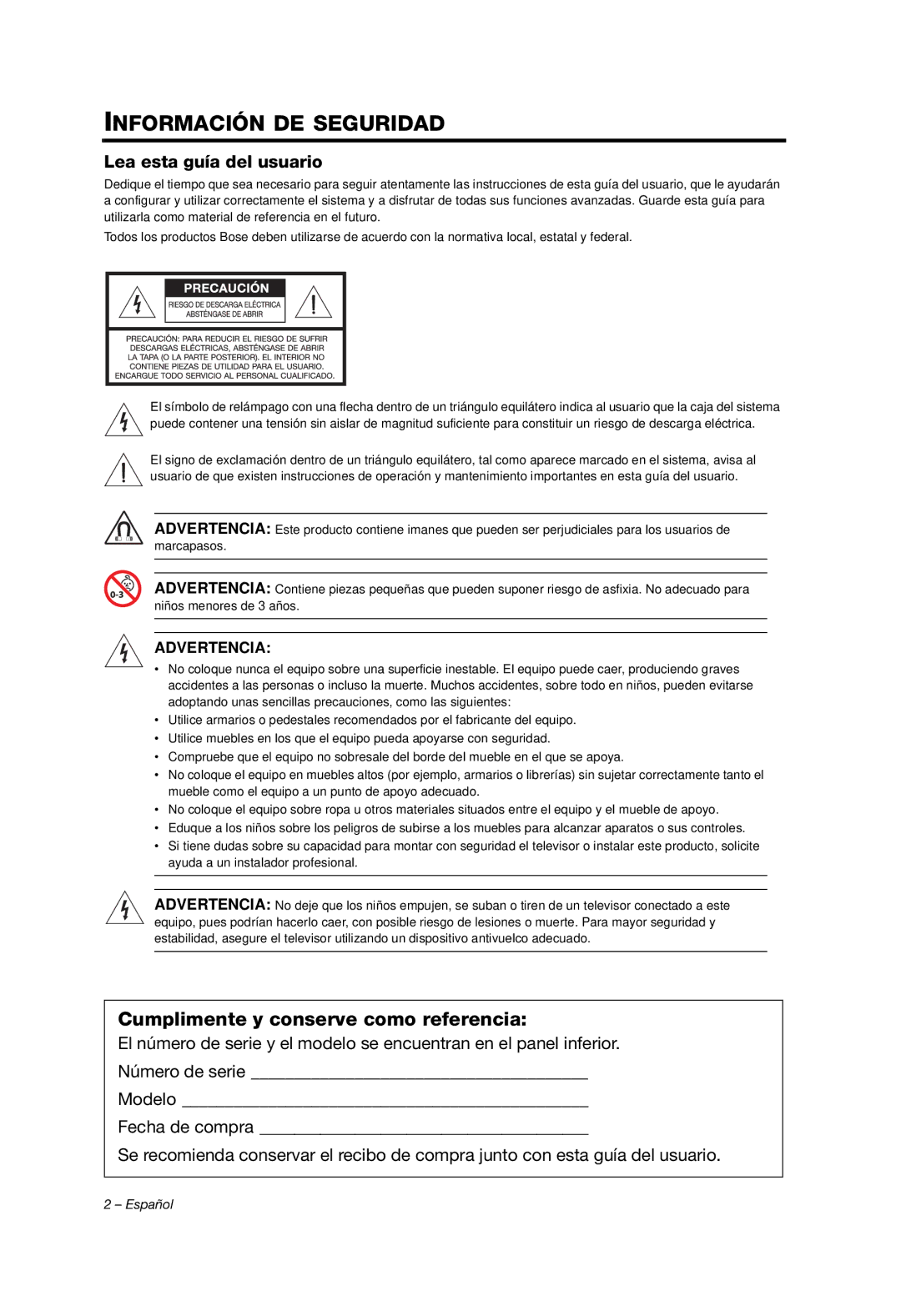 Bose solo tv sound system manual Información DE Seguridad 