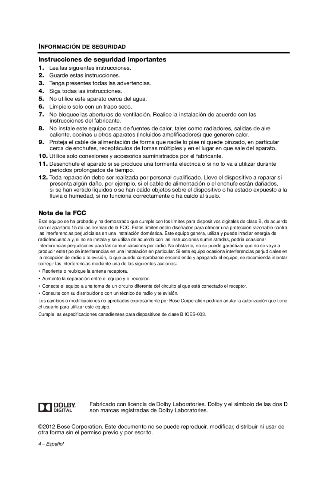 Bose solo tv sound system manual Instrucciones de seguridad importantes 