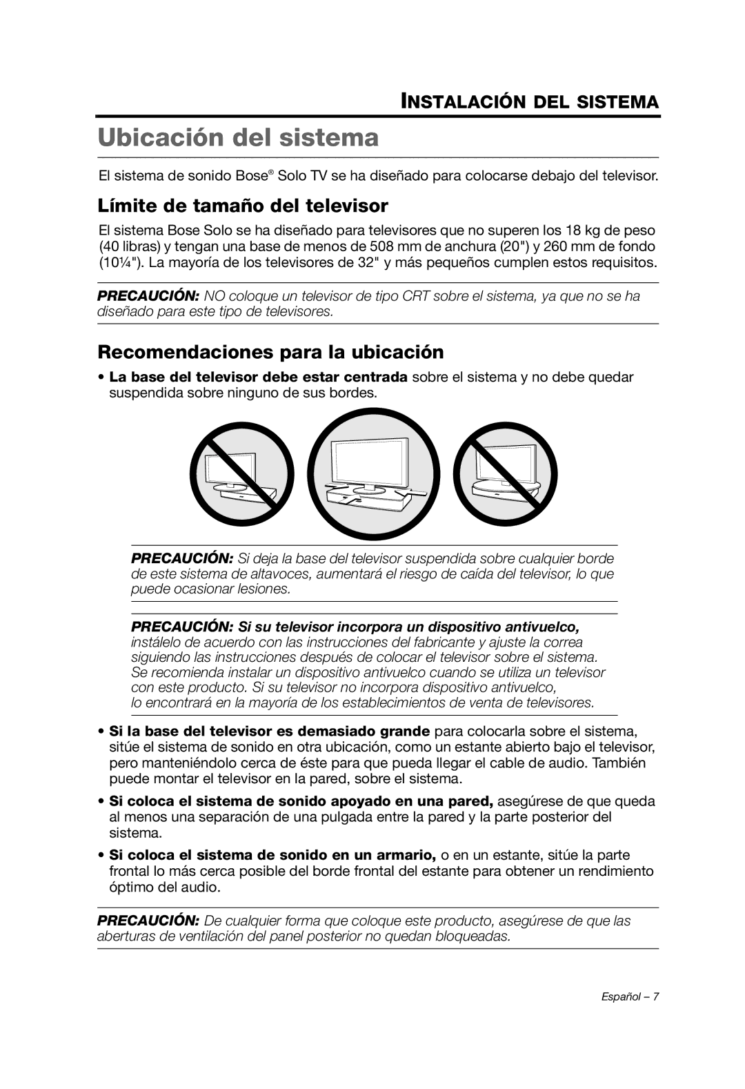 Bose solo tv sound system manual Ubicación del sistema, Límite de tamaño del televisor 