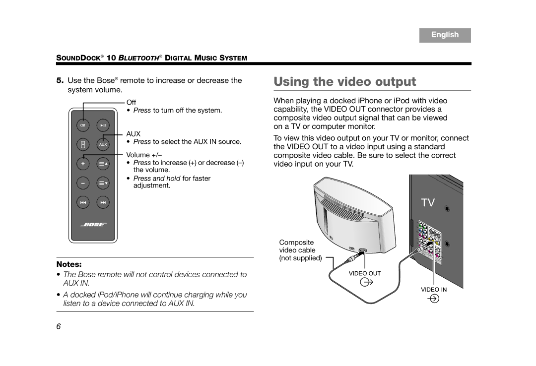 Bose SoundDock 10 Silver manual Using the video output 