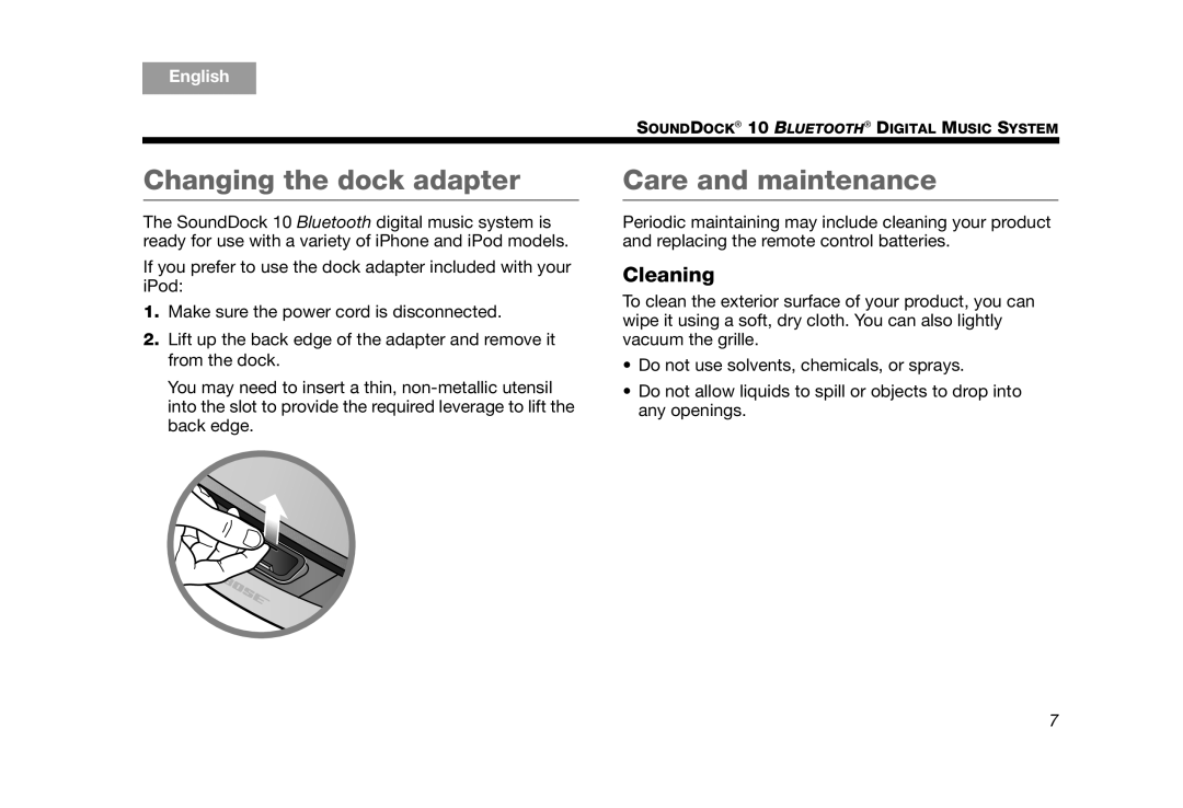 Bose SoundDock 10 Silver manual Changing the dock adapter, Care and maintenance, Cleaning 