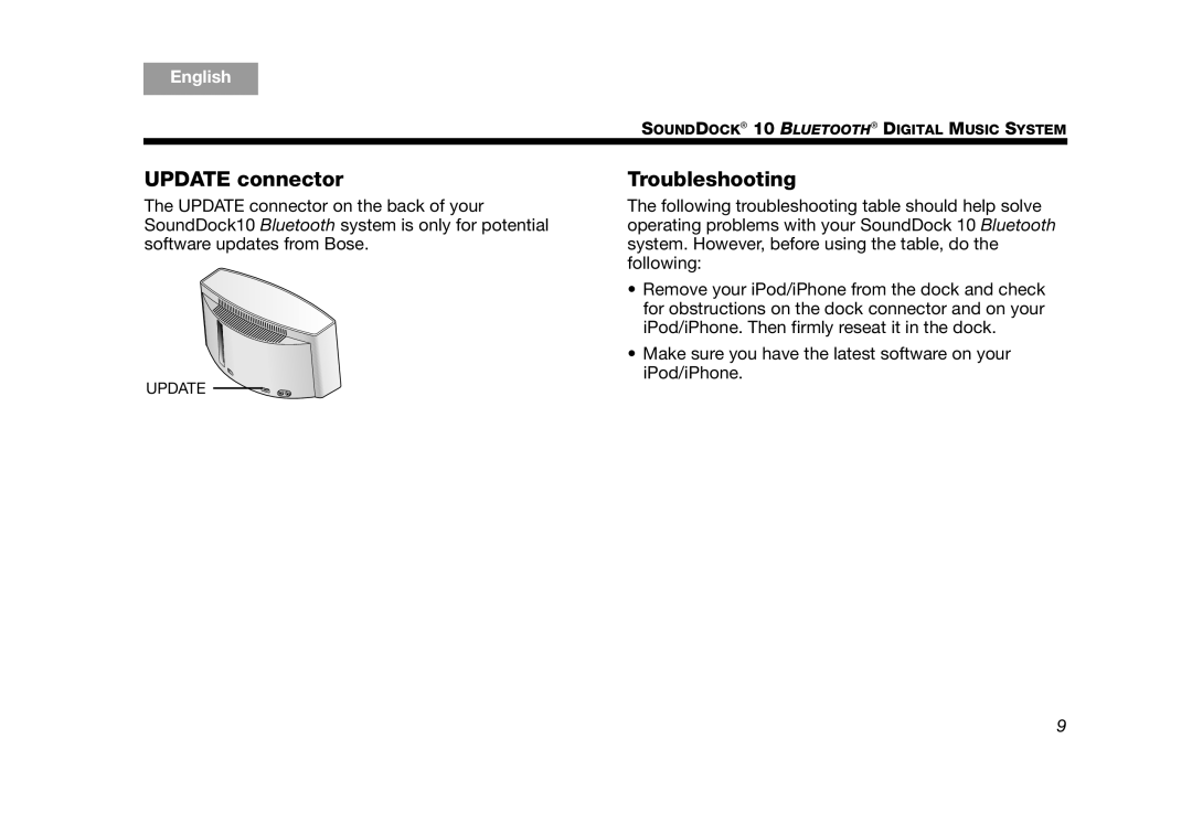 Bose SoundDock 10 Silver manual Update connector, Troubleshooting 