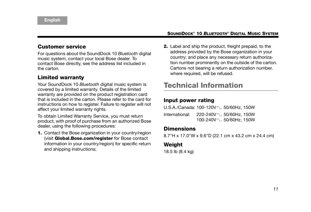 Bose SoundDock 10 Silver manual Technical Information 