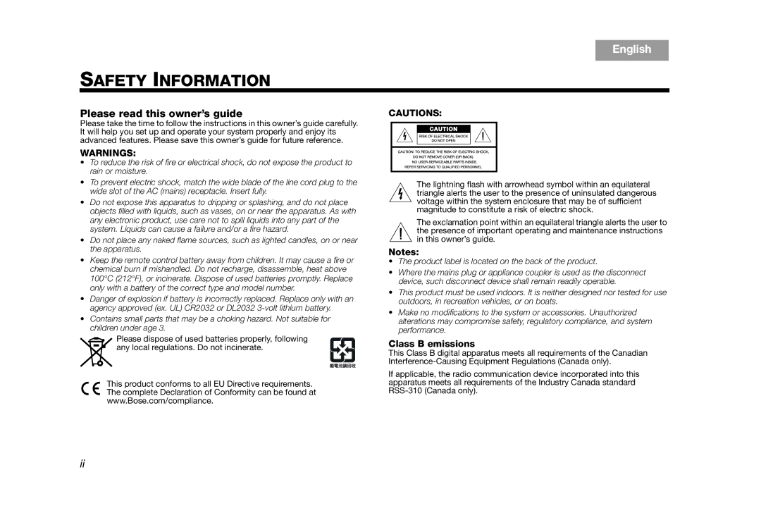 Bose SoundDock 10 Silver manual Safety Information 