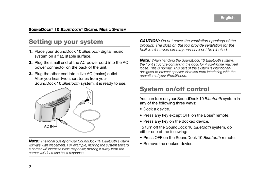 Bose SoundDock 10 Silver manual Setting up your system, System on/off control 