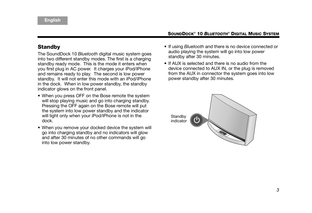 Bose SoundDock 10 Silver manual Standby 