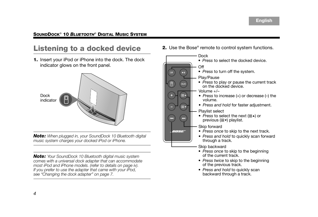 Bose SoundDock 10 Silver manual Listening to a docked device, Use the Bose remote to control system functions 