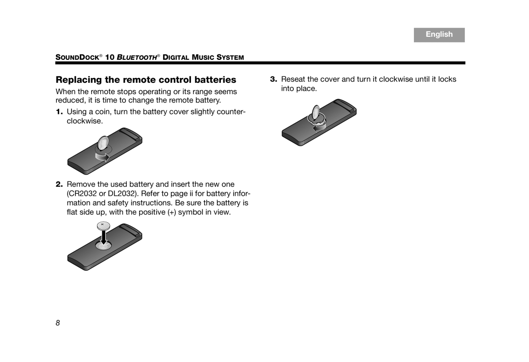 Bose SoundDock 10 Silver Replacing the remote control batteries, TAB 8, TAB 7, TAB 6, TAB 5, TAB 4, TAB 3, TAB 2, English 