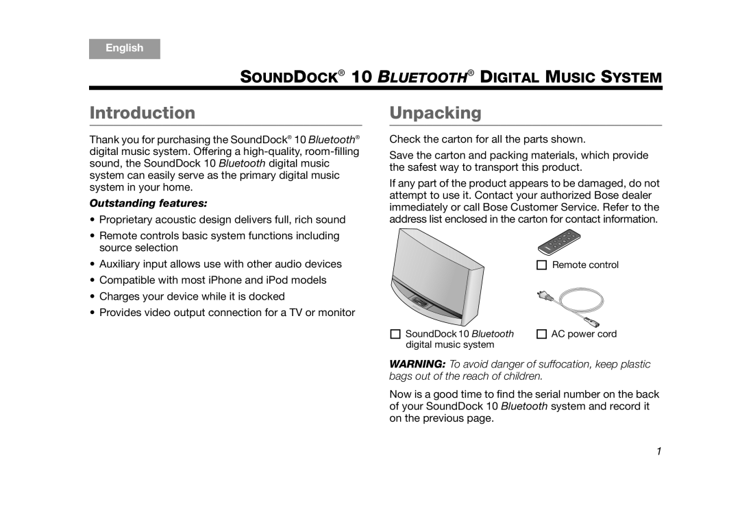 Bose SoundDock 10 Silver manual Introduction, Unpacking, SOUNDDOCK 10 BLUETOOTH DIGITAL MUSIC SYSTEM, English, TAB 2, TAB 3 