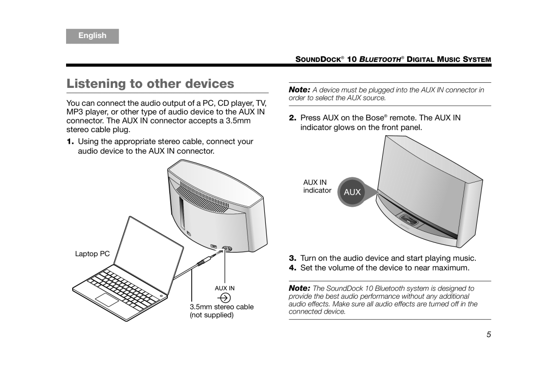 Bose SoundDock 10 Silver manual Listening to other devices, English, TAB 2, TAB 3, TAB 4, Tab, TAB 6, TAB 8 