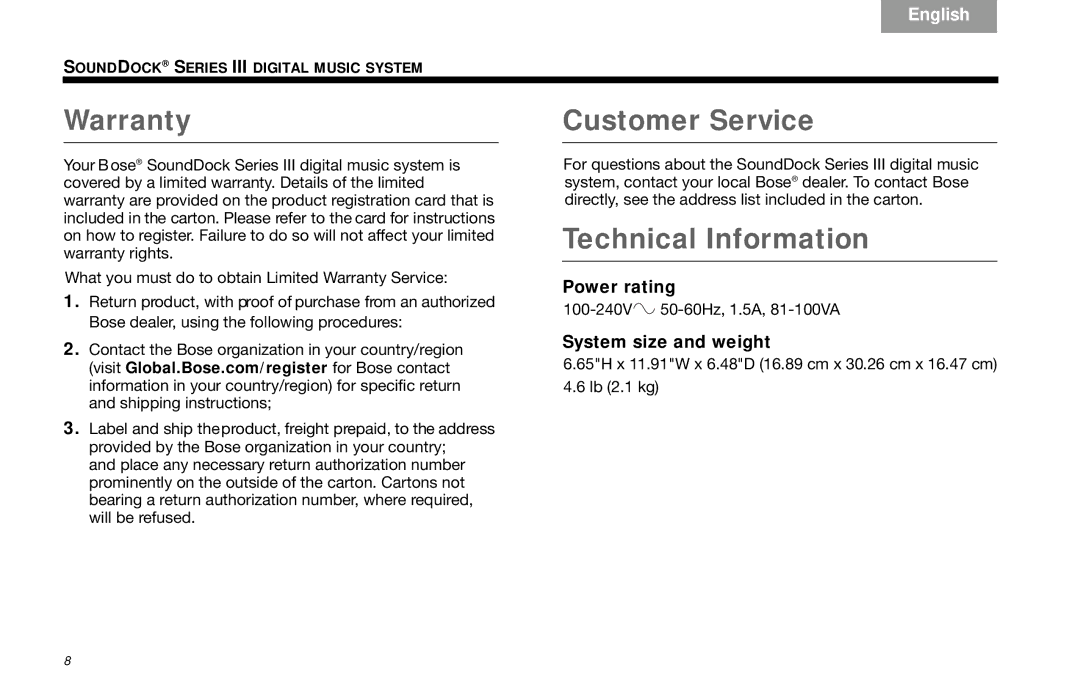 Bose SoundDock Series III manual Warranty, Customer Service, Technical Information, Power rating, System size and weight 