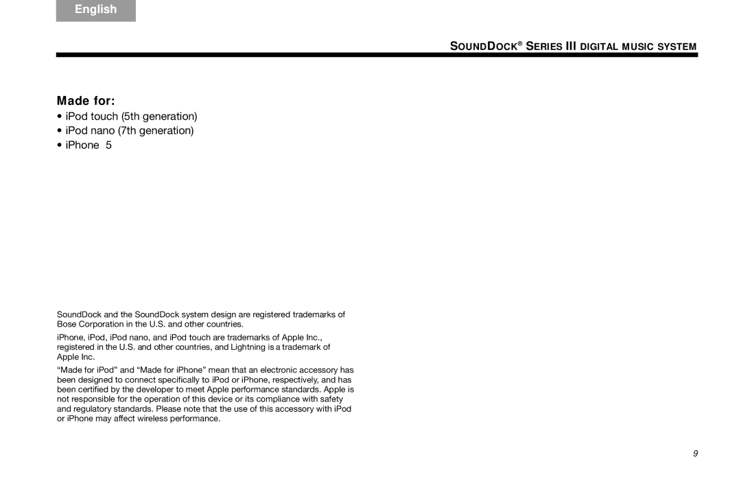 Bose SoundDock Series III manual Made for, IPod touch 5th generation IPod nano 7th generation IPhone 