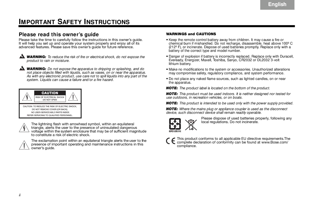 Bose SoundDock Series III manual Important Safety Instructions, Please read this owner’s guide 