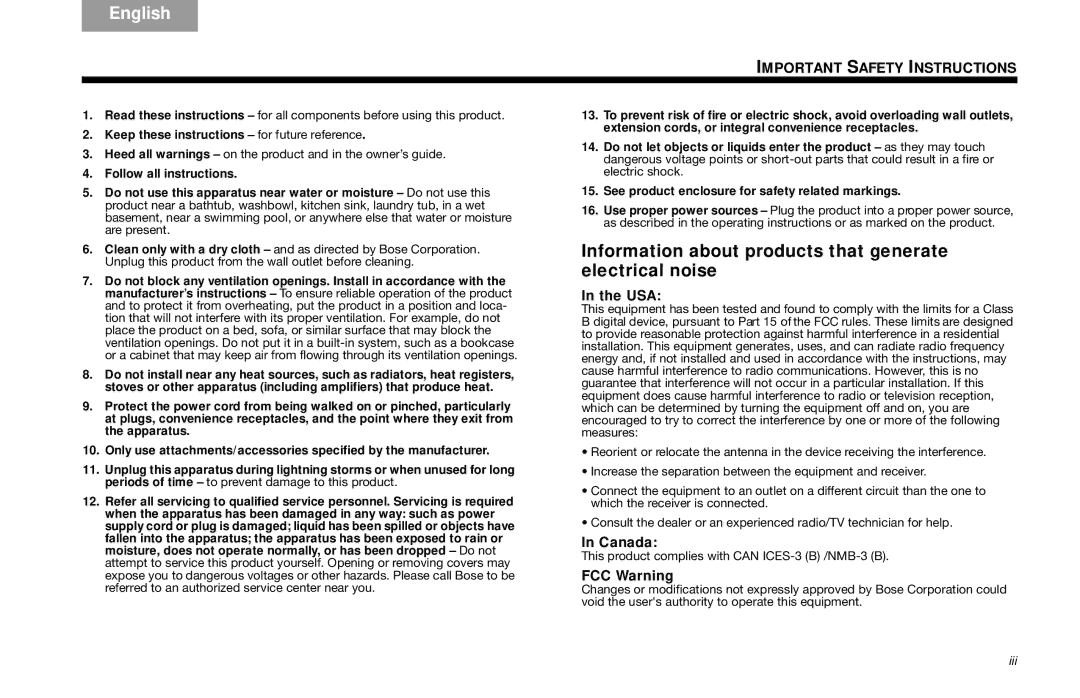 Bose SoundDock Series III manual Information about products that generate electrical noise, Important Safety Instructions 